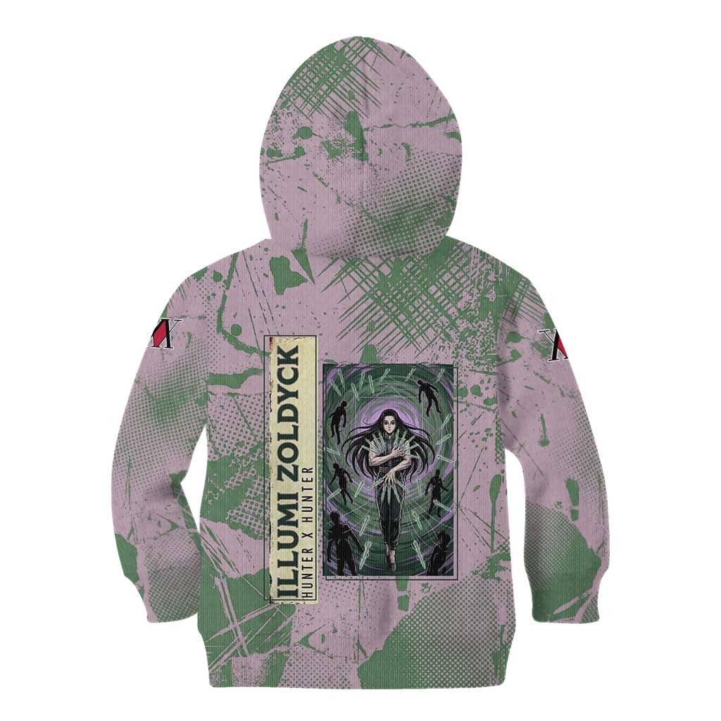 Alluka Zoldyck Theme Purple and Green Paint Splatter Design Kid Hoodie with Nen Ability Artwork and Character Card Style - The Mazicc