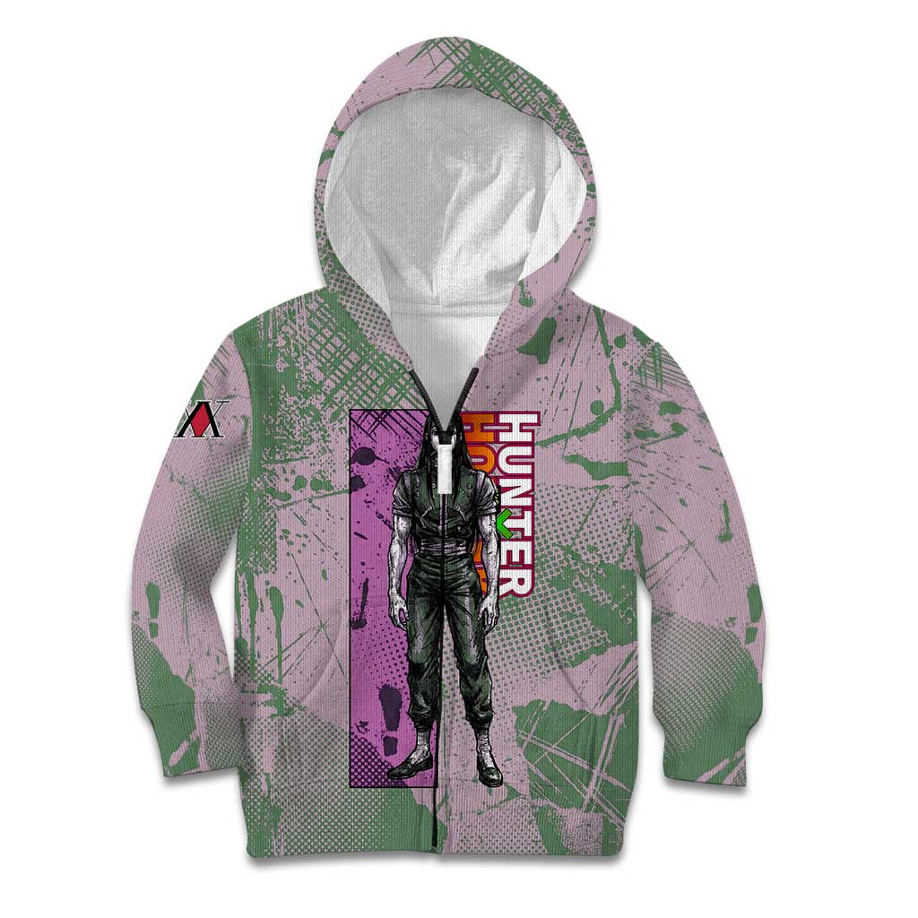 Alluka Zoldyck Theme Purple and Green Paint Splatter Design Kid Hoodie with Nen Ability Artwork and Character Card Style - The Mazicc