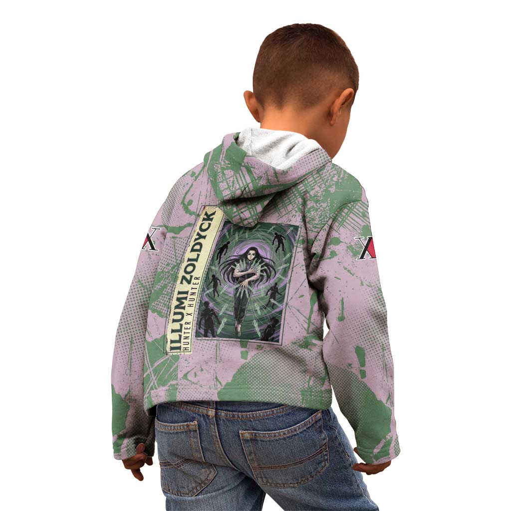 Alluka Zoldyck Theme Purple and Green Paint Splatter Design Kid Hoodie with Nen Ability Artwork and Character Card Style - The Mazicc