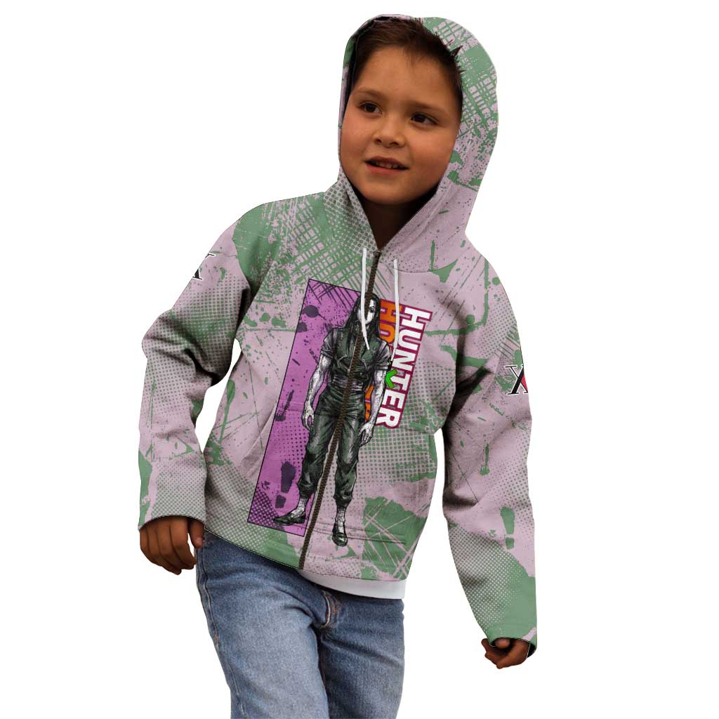 Alluka Zoldyck Theme Purple and Green Paint Splatter Design Kid Hoodie with Nen Ability Artwork and Character Card Style - The Mazicc