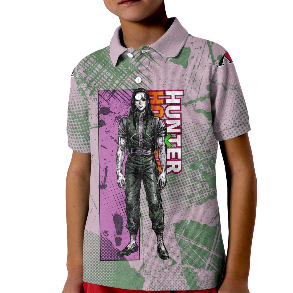 Alluka Zoldyck Theme Purple and Green Paint Splatter Design Kid Polo Shirt with Nen Ability Artwork and Character Card Style - The Mazicc