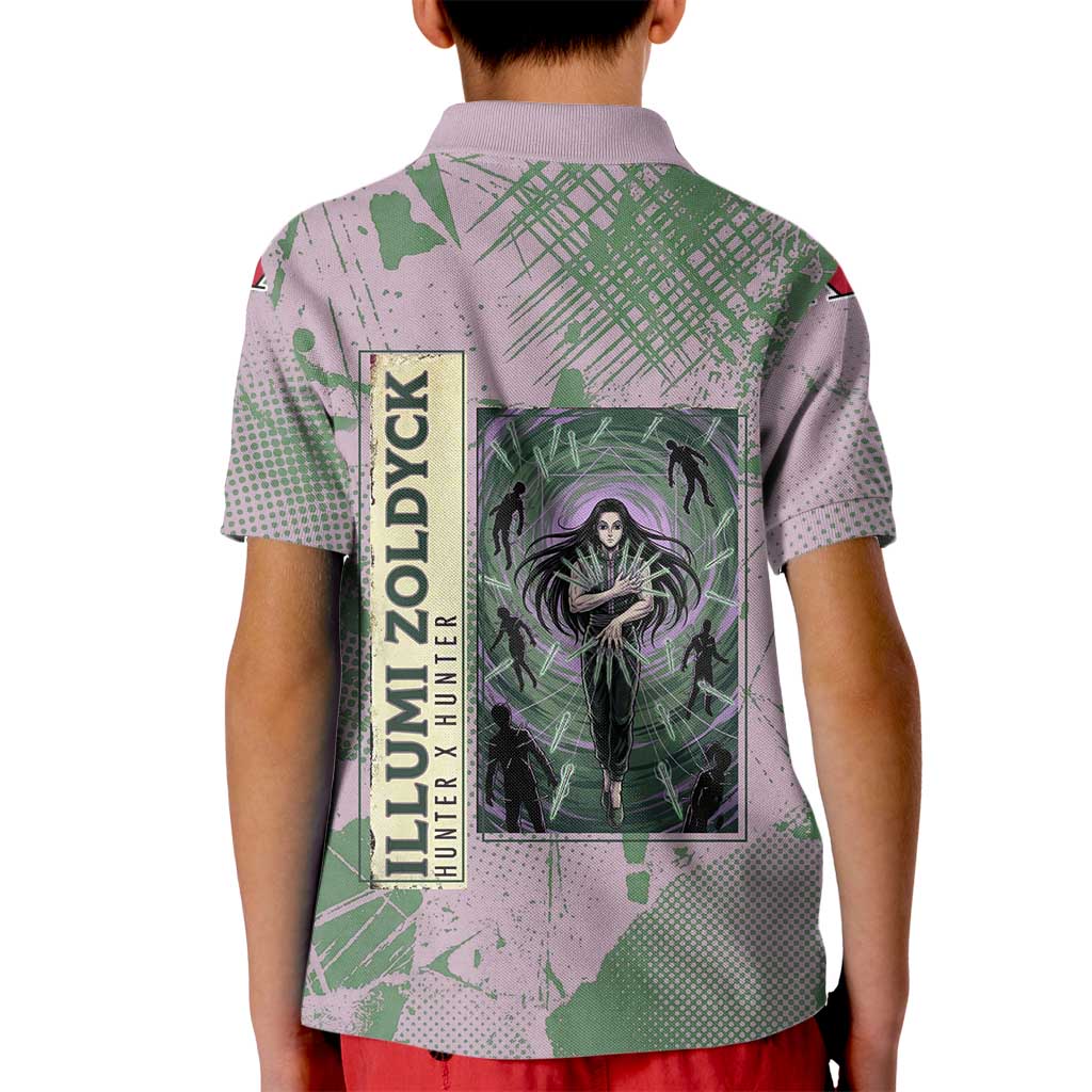 Alluka Zoldyck Theme Purple and Green Paint Splatter Design Kid Polo Shirt with Nen Ability Artwork and Character Card Style - The Mazicc