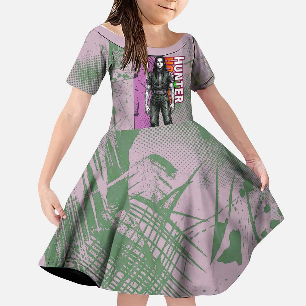 Alluka Zoldyck Theme Purple and Green Paint Splatter Design Kid Short Sleeve Dress with Nen Ability Artwork and Character Card Style - The Mazicc
