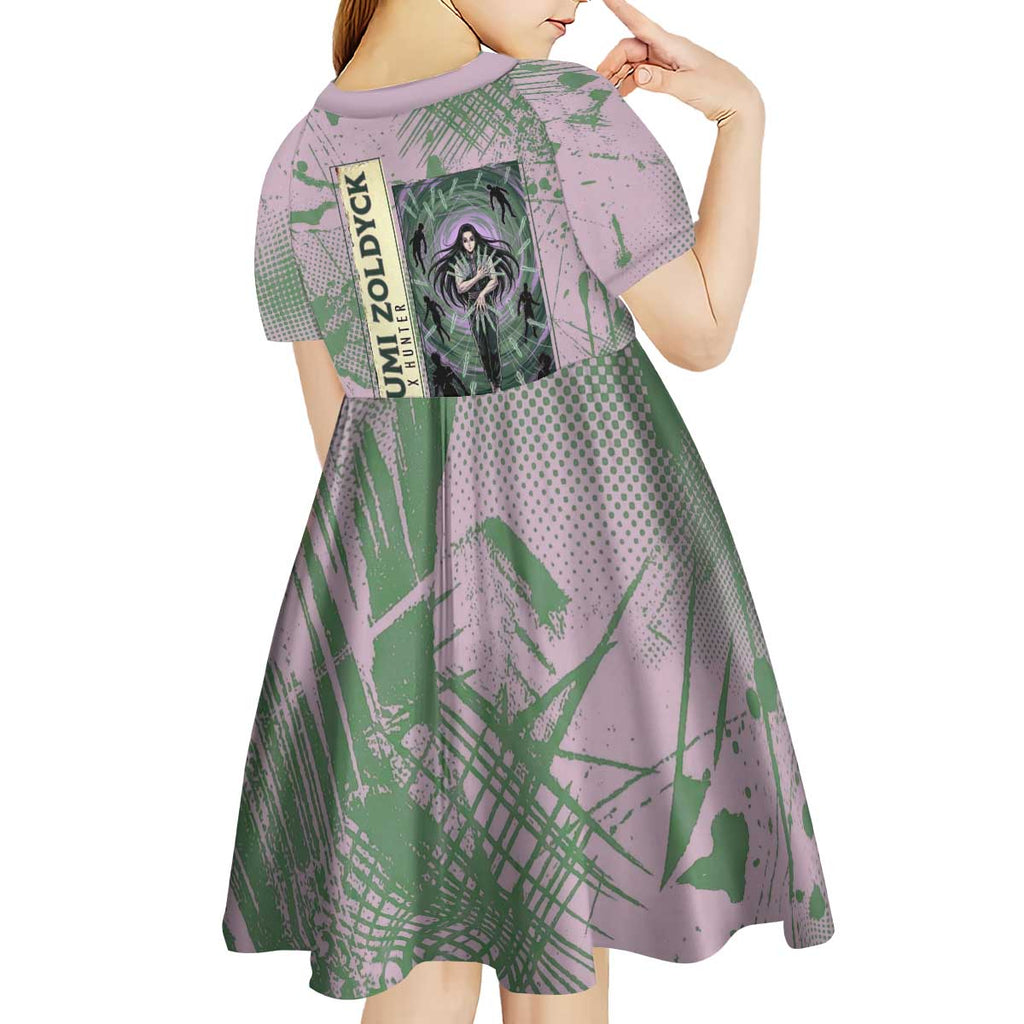 Alluka Zoldyck Theme Purple and Green Paint Splatter Design Kid Short Sleeve Dress with Nen Ability Artwork and Character Card Style - The Mazicc