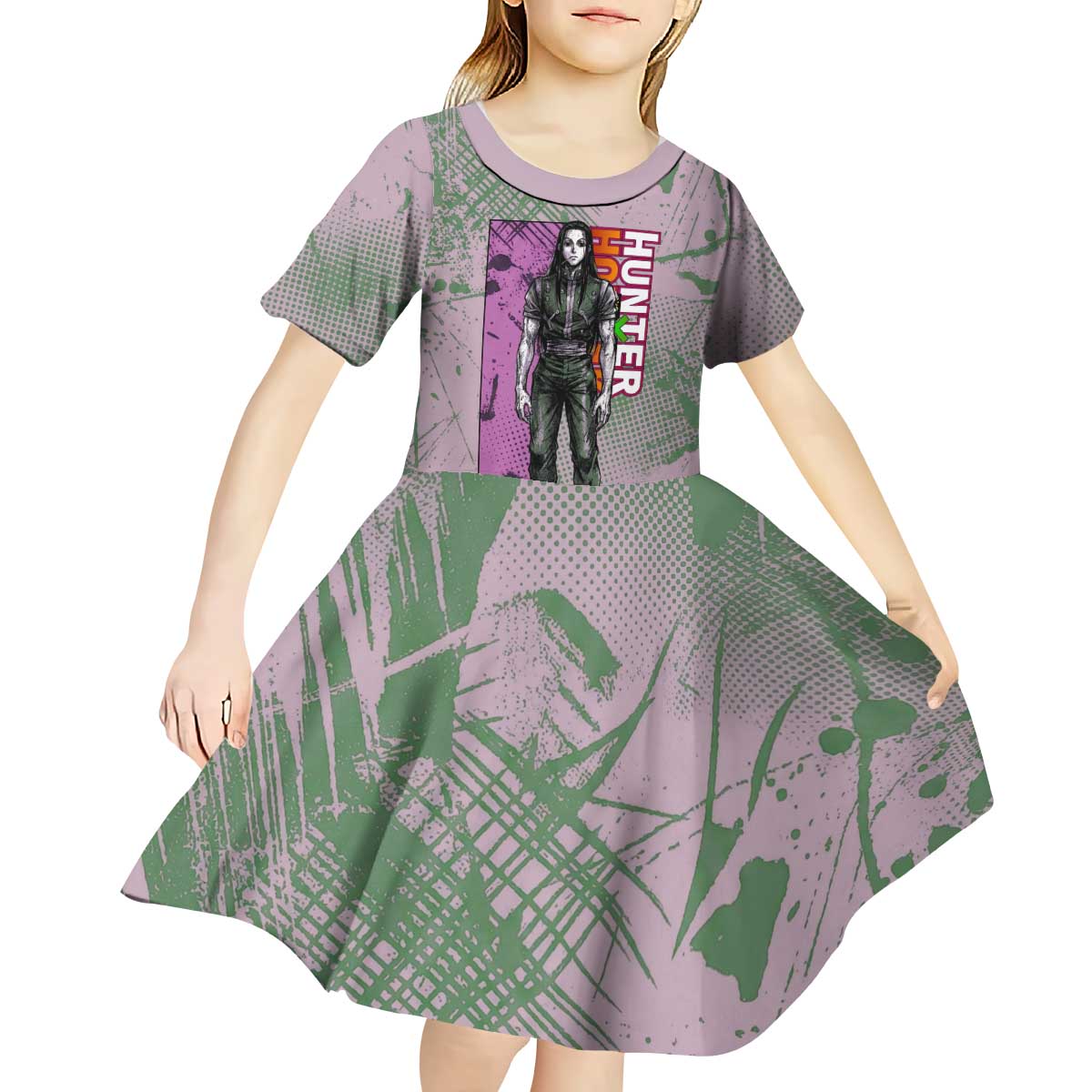 Alluka Zoldyck Theme Purple and Green Paint Splatter Design Kid Short Sleeve Dress with Nen Ability Artwork and Character Card Style - The Mazicc