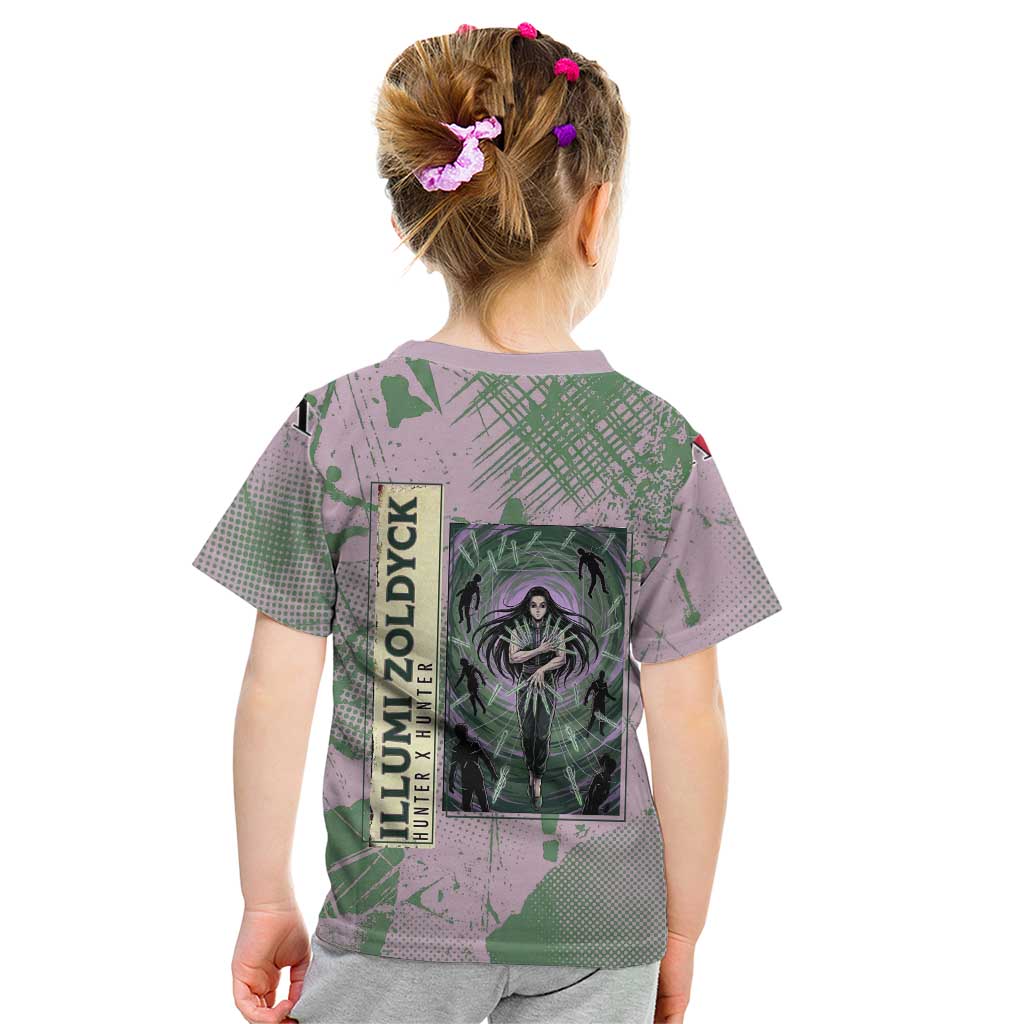 Alluka Zoldyck Theme Purple and Green Paint Splatter Design Kid T Shirt with Nen Ability Artwork and Character Card Style - The Mazicc