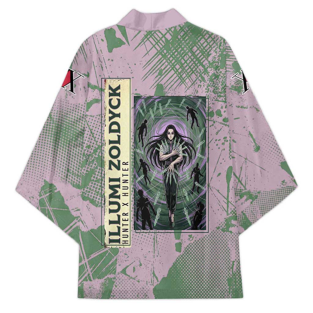 Alluka Zoldyck Theme Purple and Green Paint Splatter Design Kimono with Nen Ability Artwork and Character Card Style - The Mazicc