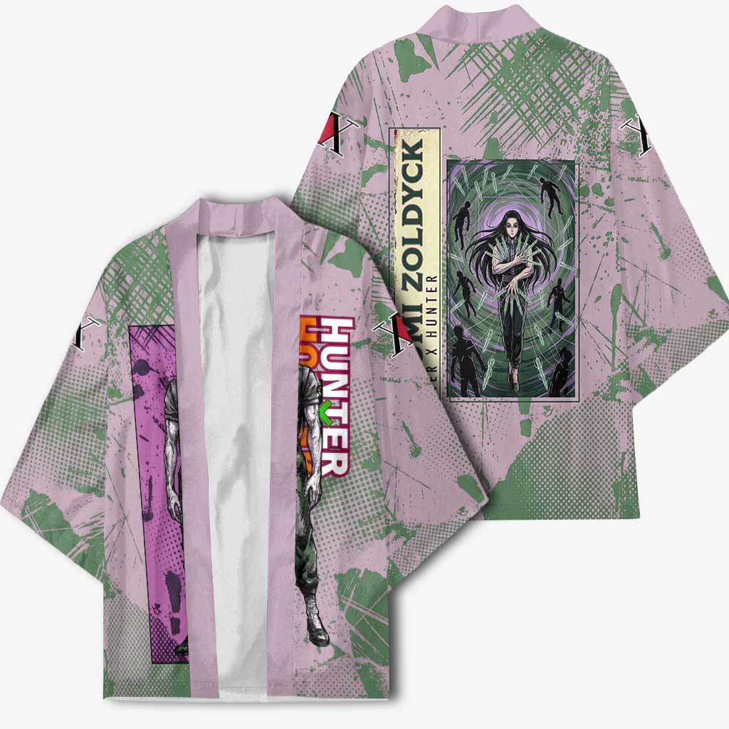 Alluka Zoldyck Theme Purple and Green Paint Splatter Design Kimono with Nen Ability Artwork and Character Card Style - The Mazicc