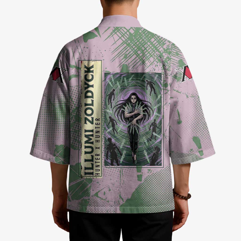 Alluka Zoldyck Theme Purple and Green Paint Splatter Design Kimono with Nen Ability Artwork and Character Card Style - The Mazicc
