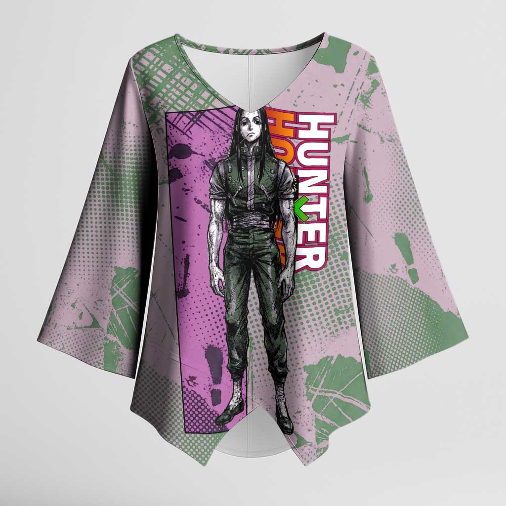 Alluka Zoldyck Theme Purple and Green Paint Splatter Design Kimono Sleeve Blouse with Nen Ability Artwork and Character Card Style - The Mazicc