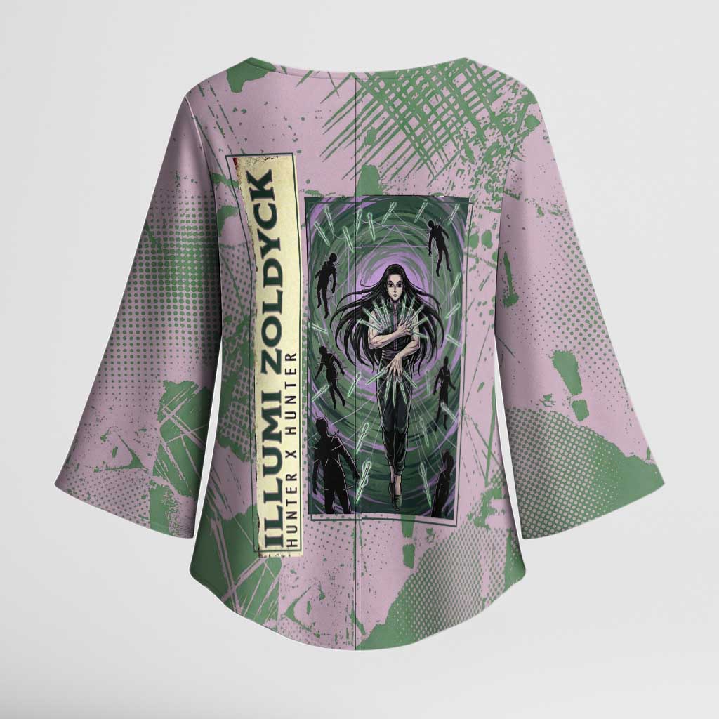 Alluka Zoldyck Theme Purple and Green Paint Splatter Design Kimono Sleeve Blouse with Nen Ability Artwork and Character Card Style - The Mazicc