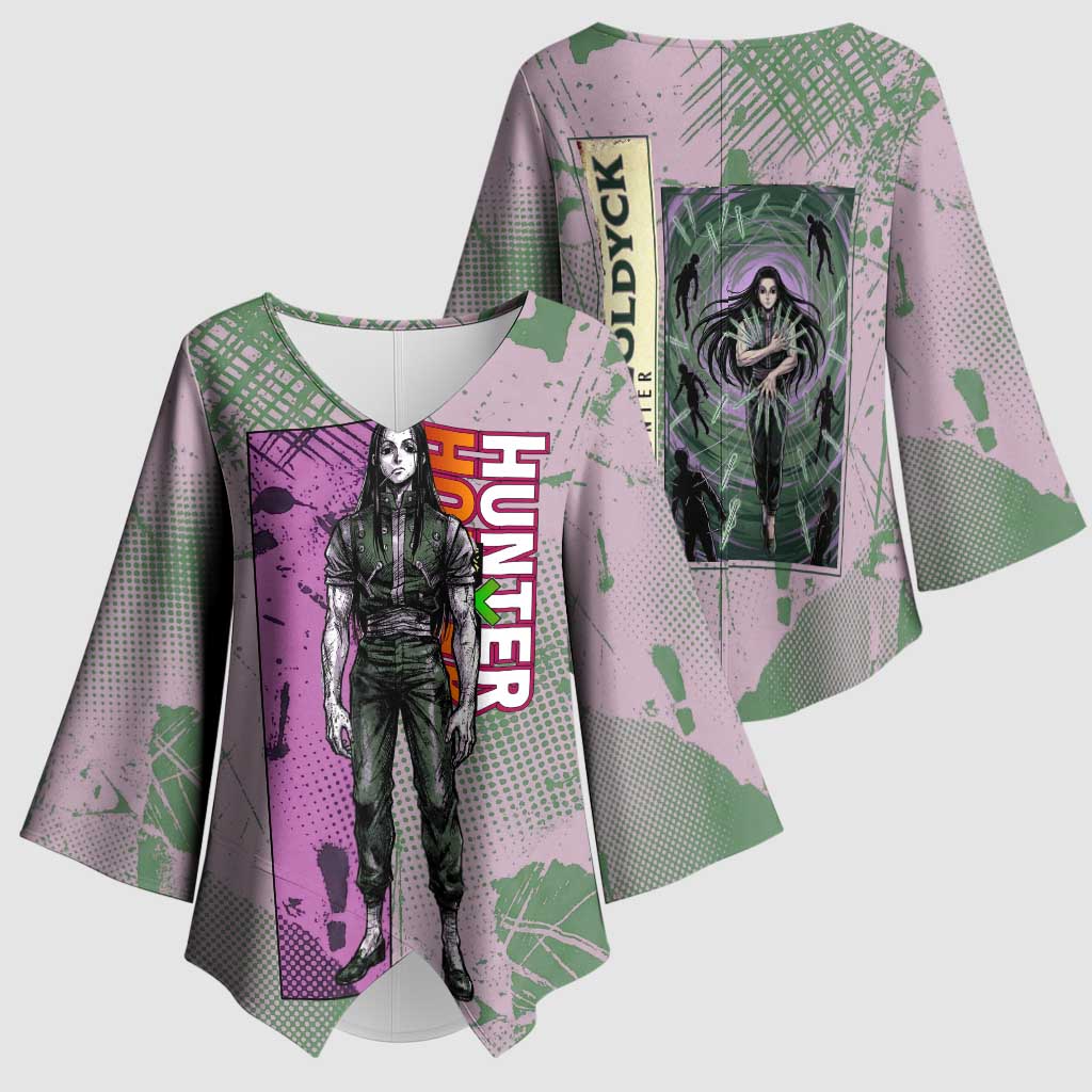 Alluka Zoldyck Theme Purple and Green Paint Splatter Design Kimono Sleeve Blouse with Nen Ability Artwork and Character Card Style - The Mazicc