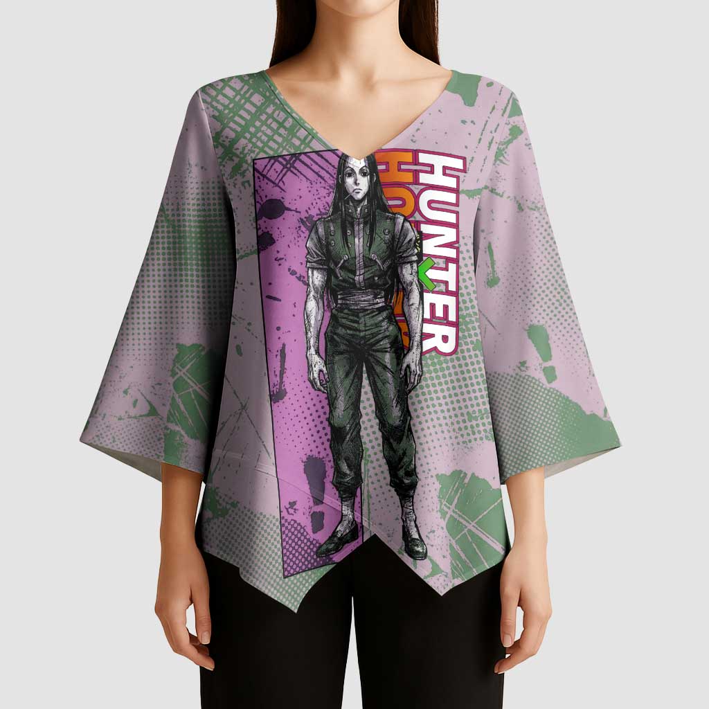 Alluka Zoldyck Theme Purple and Green Paint Splatter Design Kimono Sleeve Blouse with Nen Ability Artwork and Character Card Style - The Mazicc