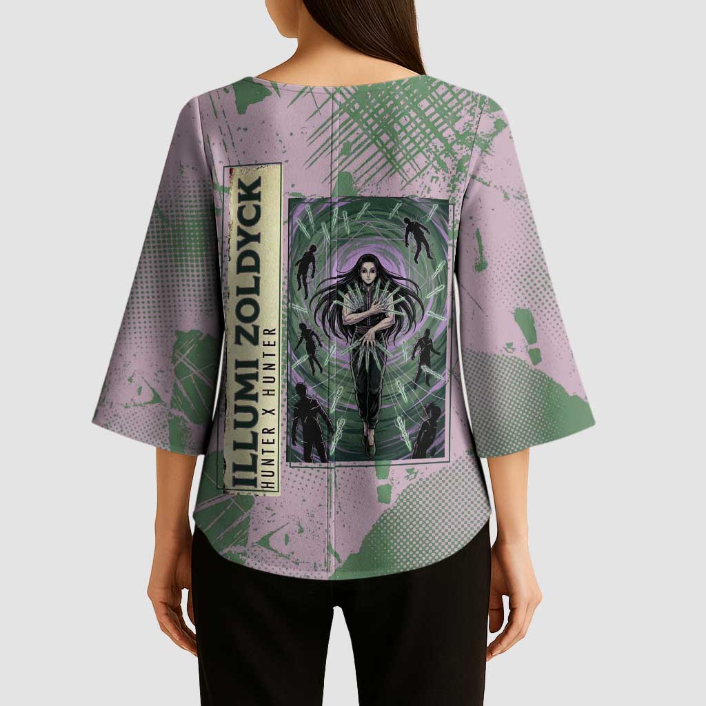 Alluka Zoldyck Theme Purple and Green Paint Splatter Design Kimono Sleeve Blouse with Nen Ability Artwork and Character Card Style - The Mazicc