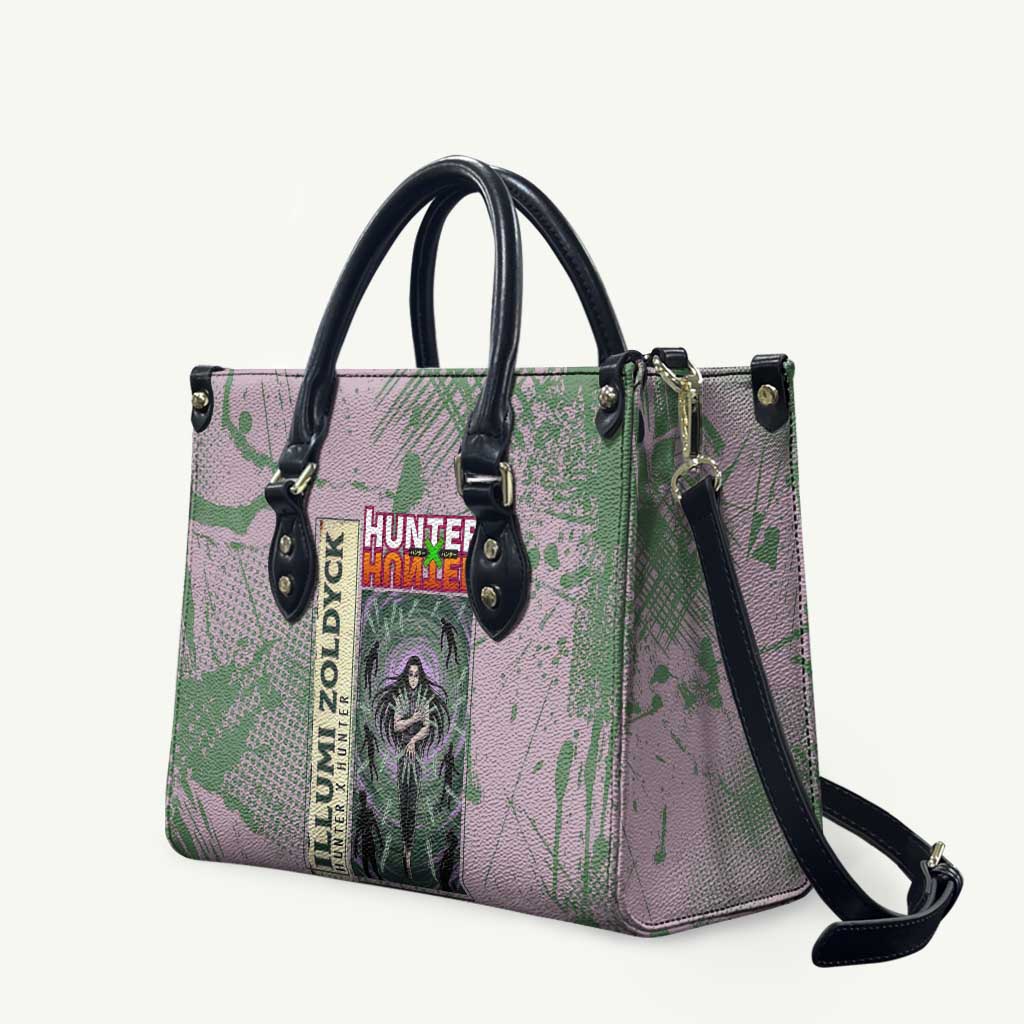 Alluka Zoldyck Theme Purple and Green Paint Splatter Design Leather Bag with Nen Ability Artwork and Character Card Style - The Mazicc