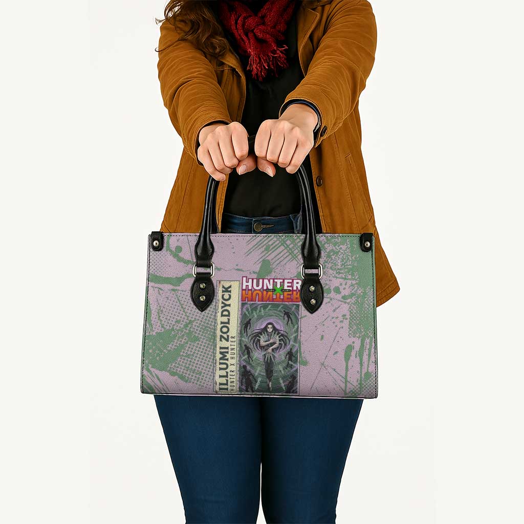 Alluka Zoldyck Theme Purple and Green Paint Splatter Design Leather Bag with Nen Ability Artwork and Character Card Style - The Mazicc