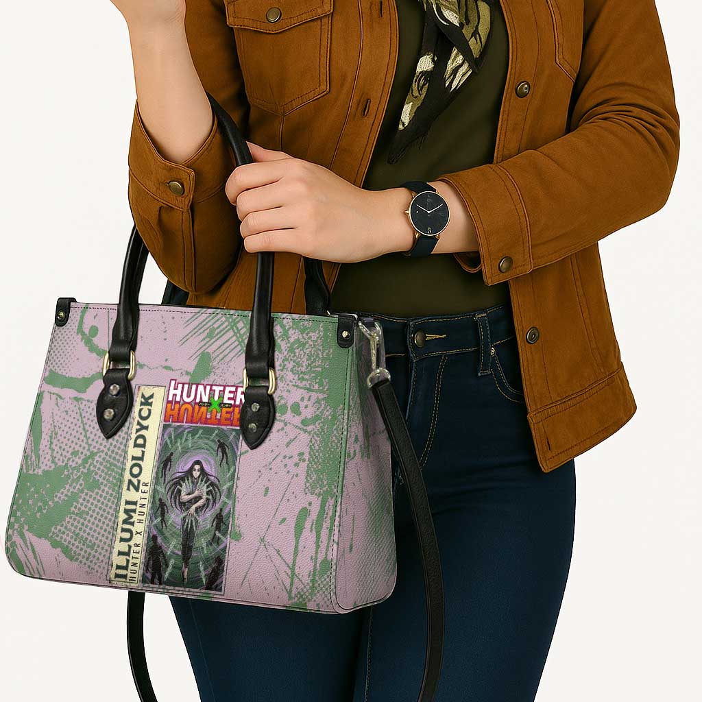 Alluka Zoldyck Theme Purple and Green Paint Splatter Design Leather Bag with Nen Ability Artwork and Character Card Style - The Mazicc