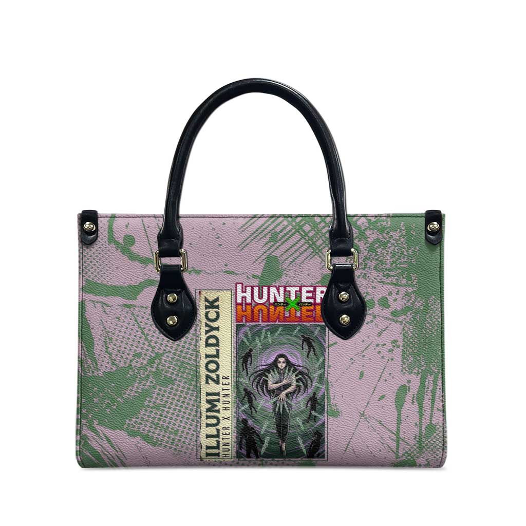 Alluka Zoldyck Theme Purple and Green Paint Splatter Design Leather Bag with Nen Ability Artwork and Character Card Style - The Mazicc