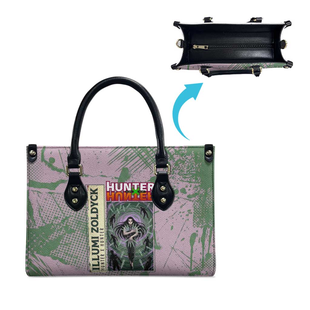 Alluka Zoldyck Theme Purple and Green Paint Splatter Design Leather Bag with Nen Ability Artwork and Character Card Style - The Mazicc