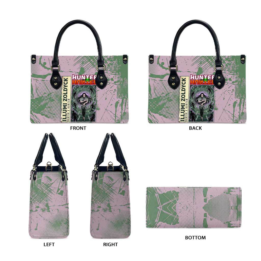 Alluka Zoldyck Theme Purple and Green Paint Splatter Design Leather Bag with Nen Ability Artwork and Character Card Style - The Mazicc