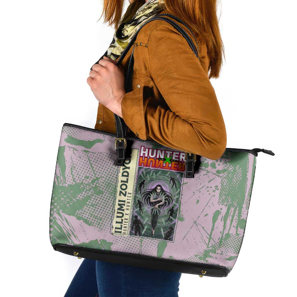Alluka Zoldyck Theme Purple and Green Paint Splatter Design Leather Tote Bag with Nen Ability Artwork and Character Card Style - The Mazicc
