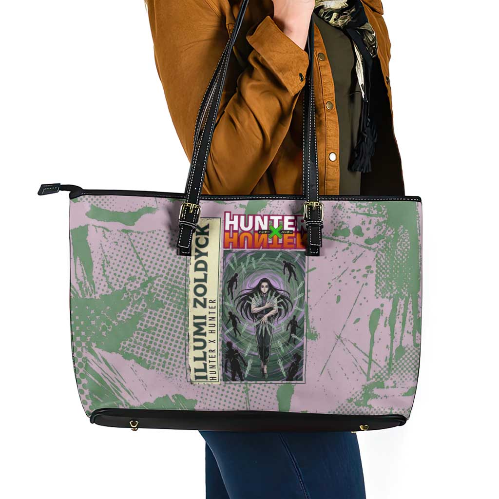 Alluka Zoldyck Theme Purple and Green Paint Splatter Design Leather Tote Bag with Nen Ability Artwork and Character Card Style - The Mazicc