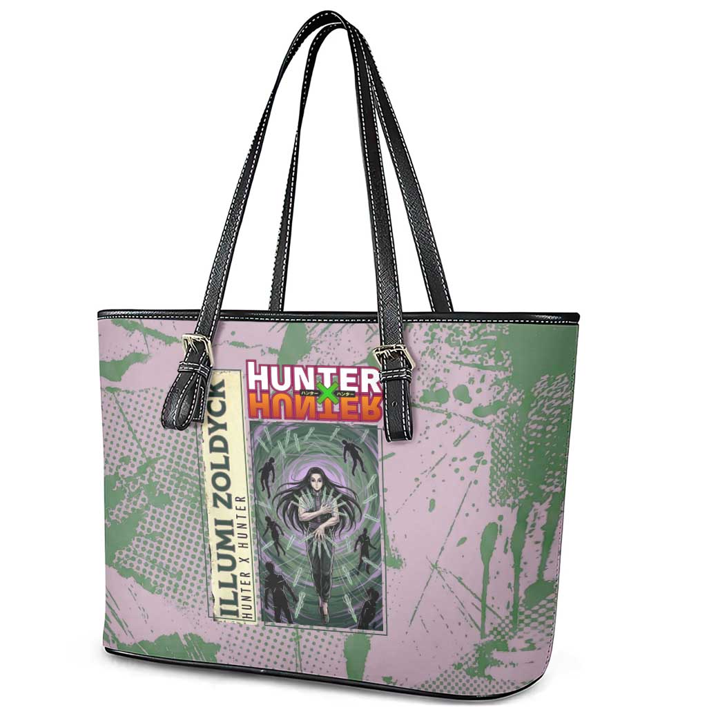 Alluka Zoldyck Theme Purple and Green Paint Splatter Design Leather Tote Bag with Nen Ability Artwork and Character Card Style - The Mazicc