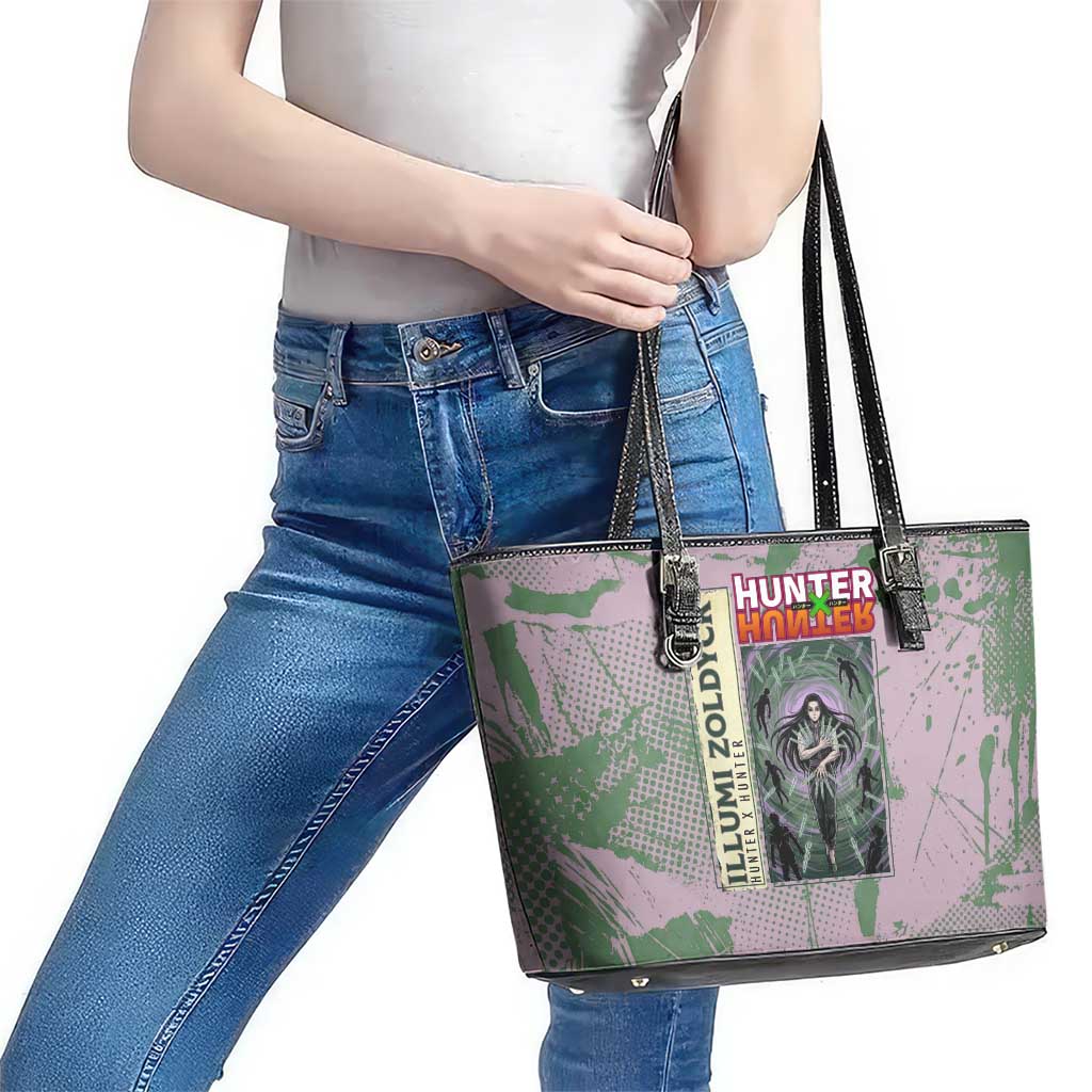 Alluka Zoldyck Theme Purple and Green Paint Splatter Design Leather Tote Bag with Nen Ability Artwork and Character Card Style - The Mazicc