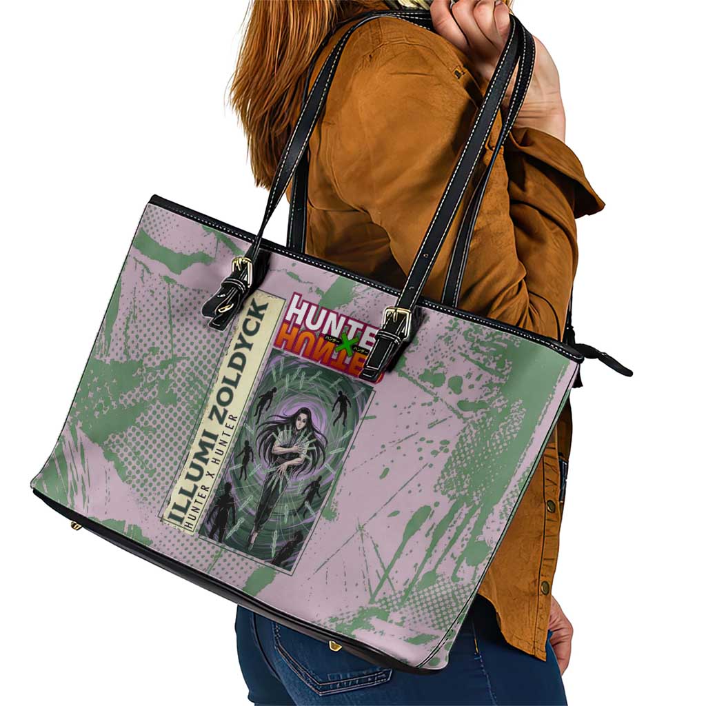 Alluka Zoldyck Theme Purple and Green Paint Splatter Design Leather Tote Bag with Nen Ability Artwork and Character Card Style - The Mazicc