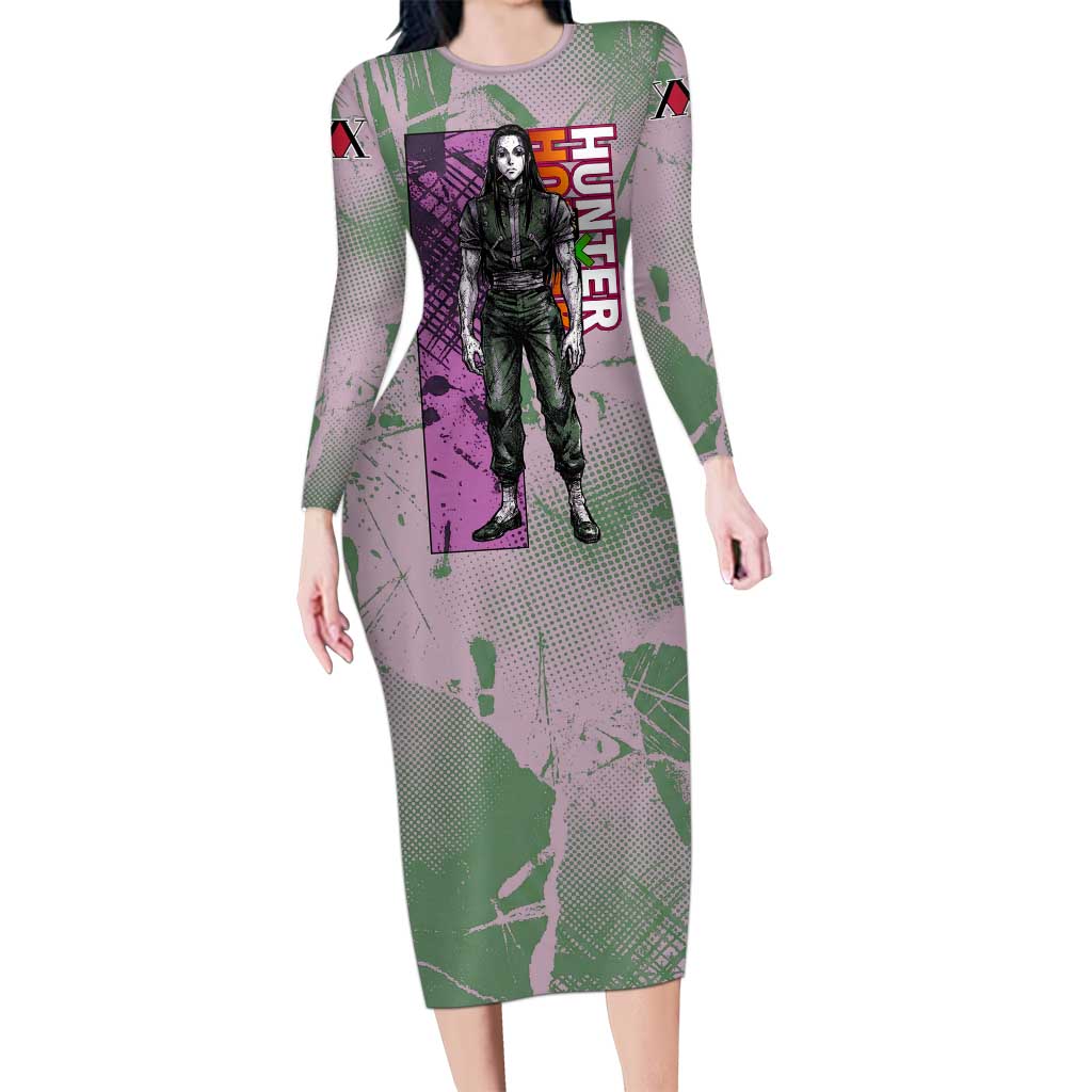 Alluka Zoldyck Theme Purple and Green Paint Splatter Design Long Sleeve Bodycon Dress with Nen Ability Artwork and Character Card Style - The Mazicc