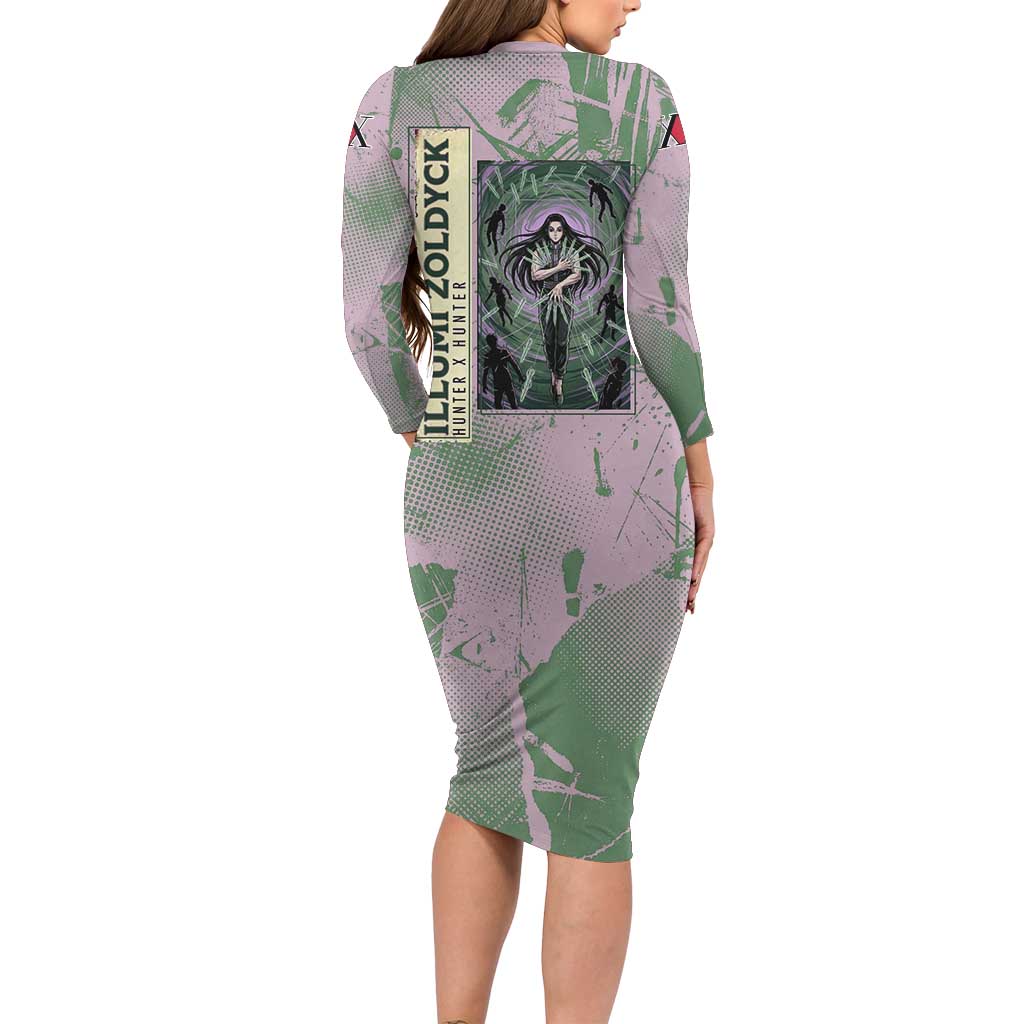 Alluka Zoldyck Theme Purple and Green Paint Splatter Design Long Sleeve Bodycon Dress with Nen Ability Artwork and Character Card Style - The Mazicc