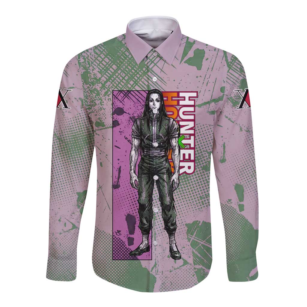 Alluka Zoldyck Theme Purple and Green Paint Splatter Design Long Sleeve Button Shirt with Nen Ability Artwork and Character Card Style - The Mazicc