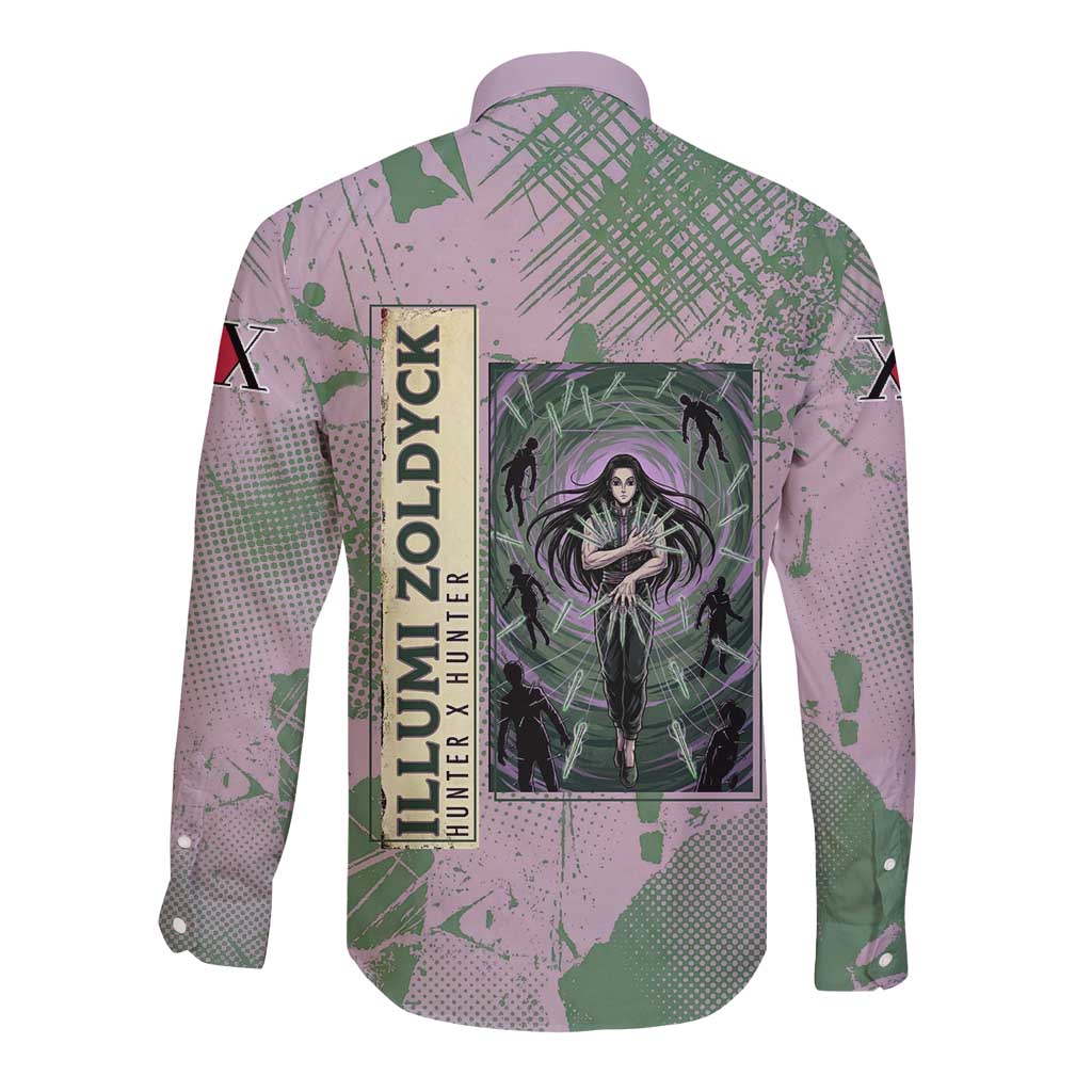 Alluka Zoldyck Theme Purple and Green Paint Splatter Design Long Sleeve Button Shirt with Nen Ability Artwork and Character Card Style - The Mazicc