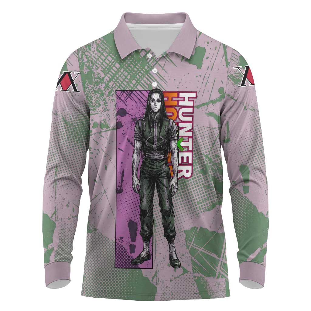 Alluka Zoldyck Theme Purple and Green Paint Splatter Design Long Sleeve Polo Shirt with Nen Ability Artwork and Character Card Style - The Mazicc