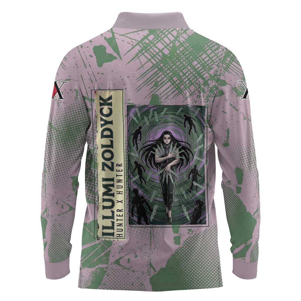 Alluka Zoldyck Theme Purple and Green Paint Splatter Design Long Sleeve Polo Shirt with Nen Ability Artwork and Character Card Style - The Mazicc