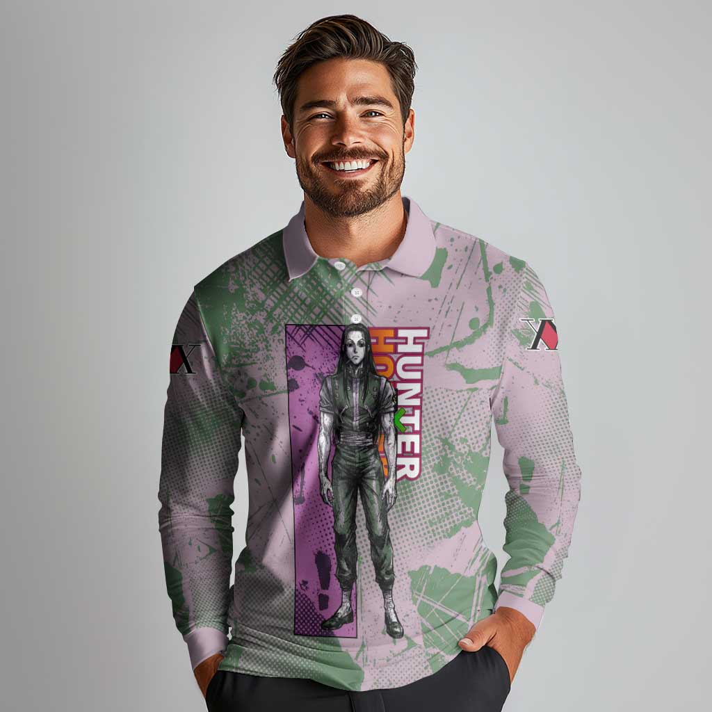 Alluka Zoldyck Theme Purple and Green Paint Splatter Design Long Sleeve Polo Shirt with Nen Ability Artwork and Character Card Style - The Mazicc