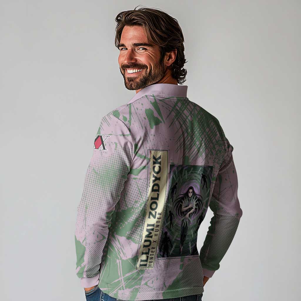 Alluka Zoldyck Theme Purple and Green Paint Splatter Design Long Sleeve Polo Shirt with Nen Ability Artwork and Character Card Style - The Mazicc