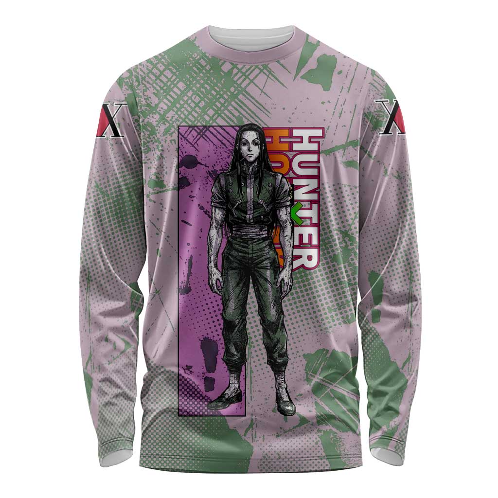 Alluka Zoldyck Theme Purple and Green Paint Splatter Design Long Sleeve Shirt with Nen Ability Artwork and Character Card Style - The Mazicc