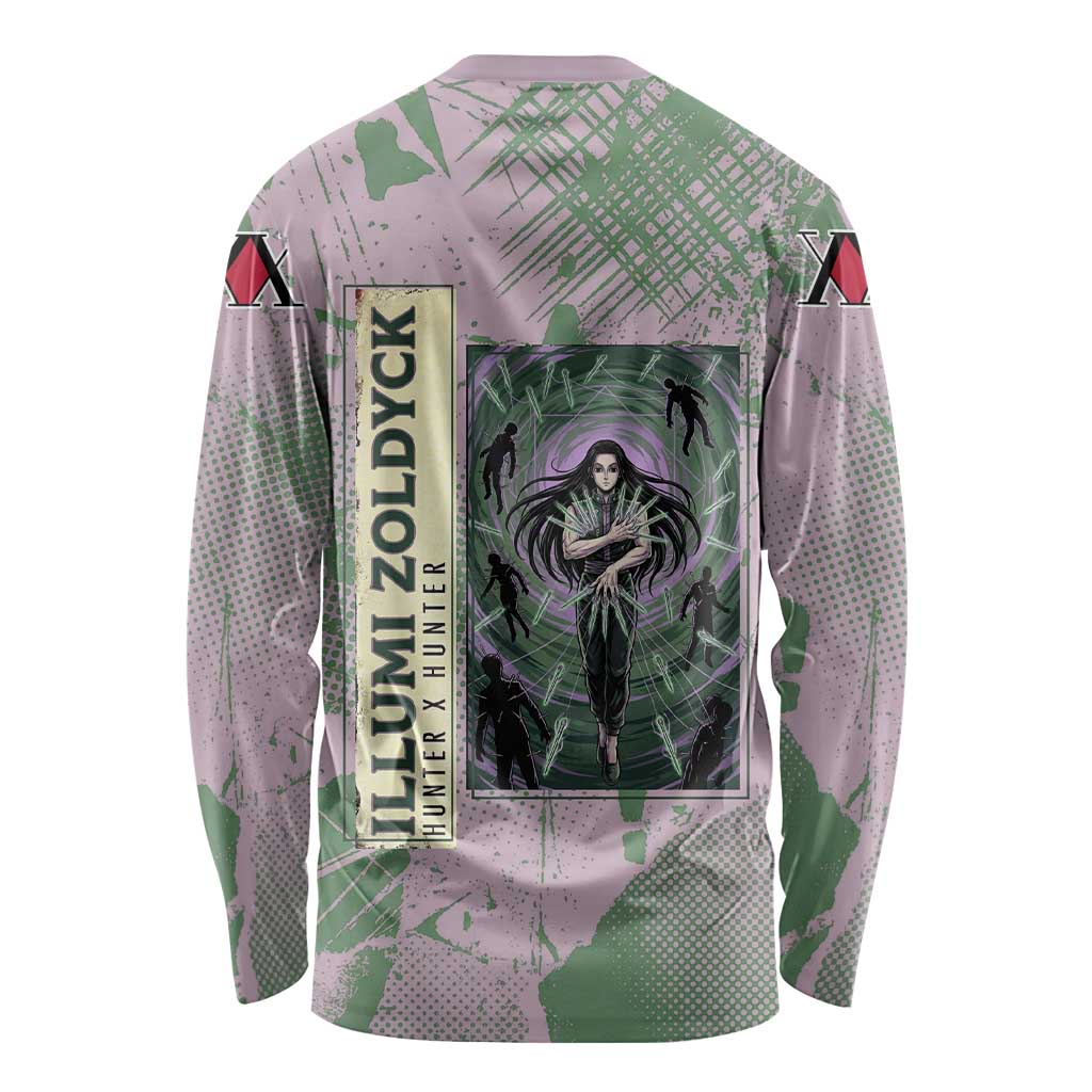 Alluka Zoldyck Theme Purple and Green Paint Splatter Design Long Sleeve Shirt with Nen Ability Artwork and Character Card Style - The Mazicc