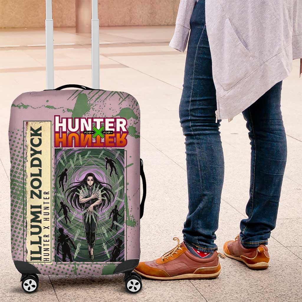 Alluka Zoldyck Theme Purple and Green Paint Splatter Design Luggage Cover with Nen Ability Artwork and Character Card Style - The Mazicc