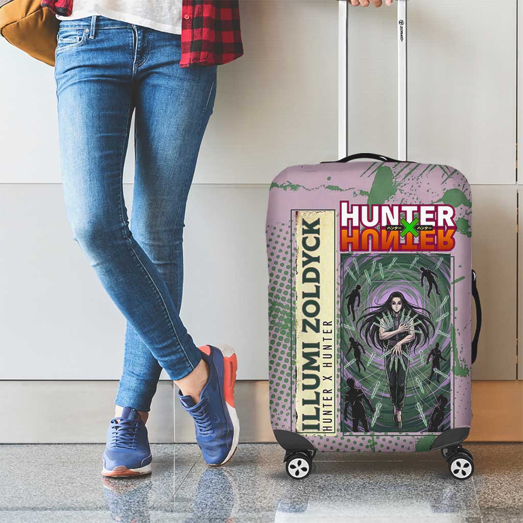 Alluka Zoldyck Theme Purple and Green Paint Splatter Design Luggage Cover with Nen Ability Artwork and Character Card Style - The Mazicc