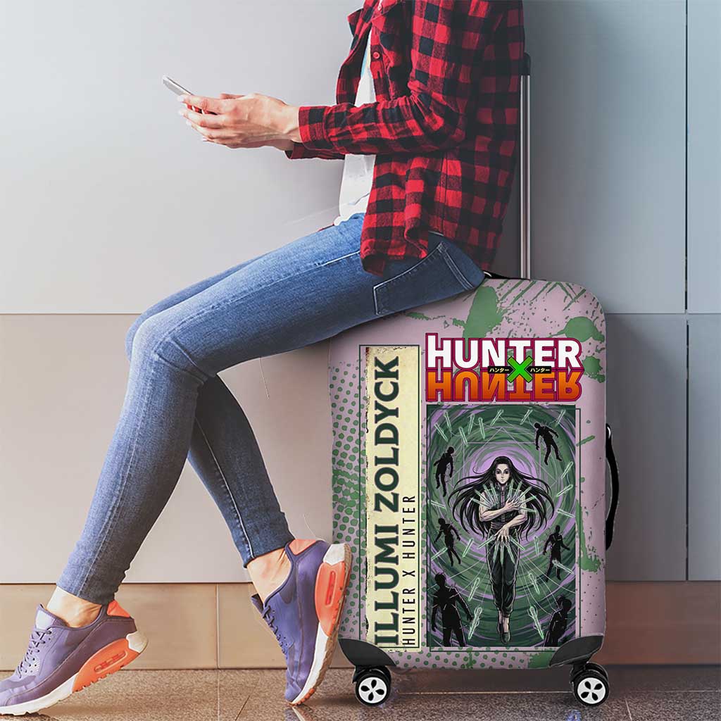 Alluka Zoldyck Theme Purple and Green Paint Splatter Design Luggage Cover with Nen Ability Artwork and Character Card Style - The Mazicc