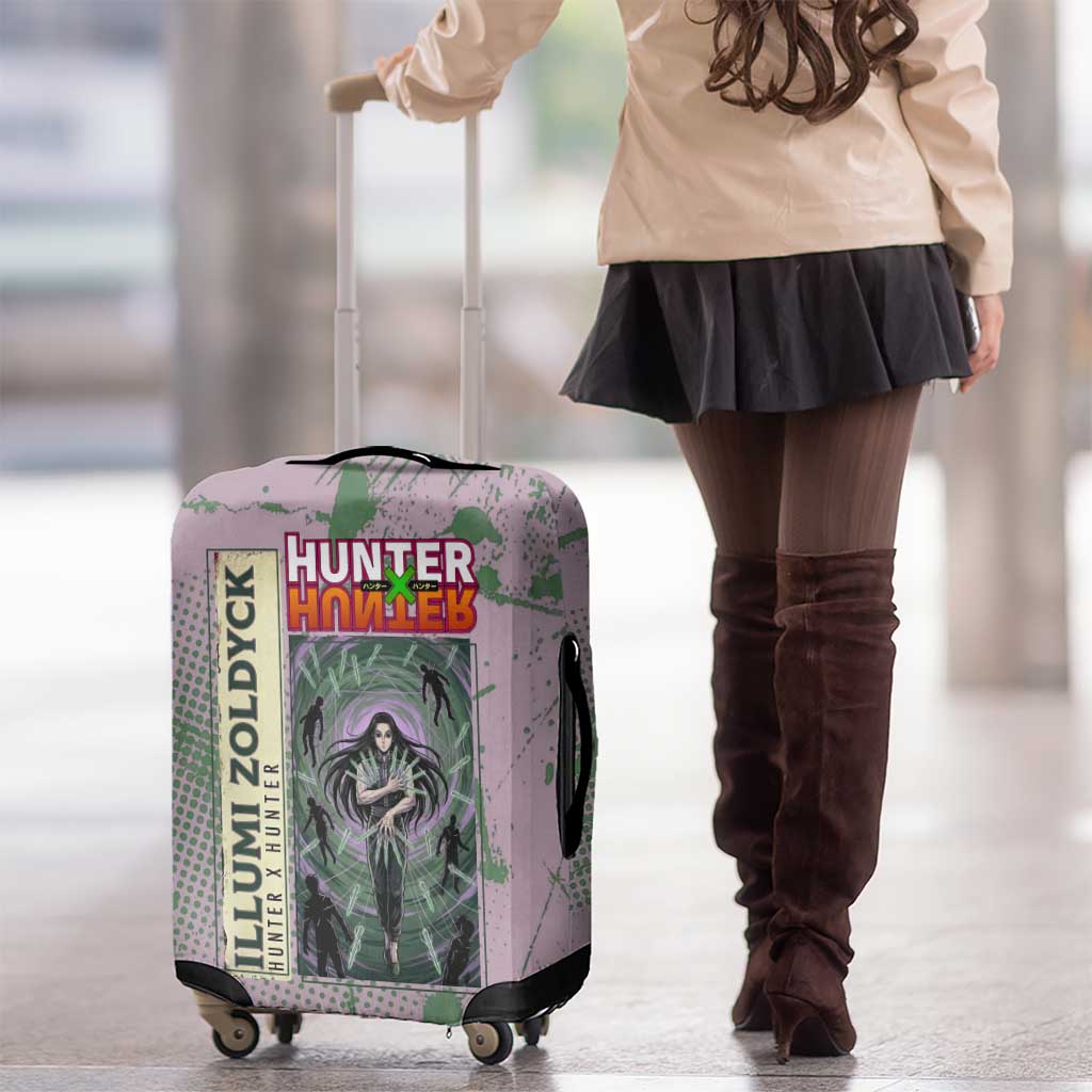 Alluka Zoldyck Theme Purple and Green Paint Splatter Design Luggage Cover with Nen Ability Artwork and Character Card Style - The Mazicc