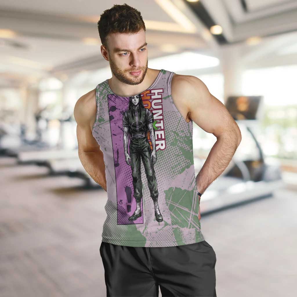 Alluka Zoldyck Theme Purple and Green Paint Splatter Design Men Tank Top with Nen Ability Artwork and Character Card Style - The Mazicc