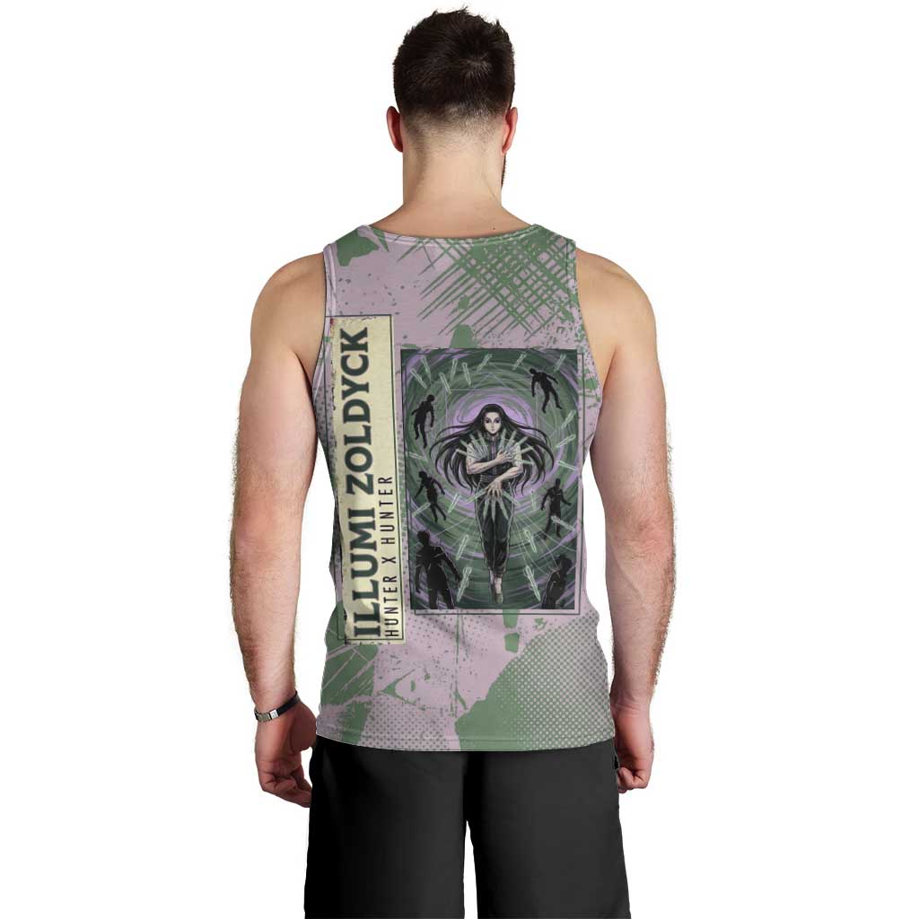 Alluka Zoldyck Theme Purple and Green Paint Splatter Design Men Tank Top with Nen Ability Artwork and Character Card Style - The Mazicc