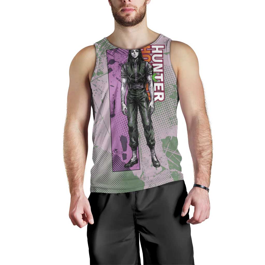 Alluka Zoldyck Theme Purple and Green Paint Splatter Design Men Tank Top with Nen Ability Artwork and Character Card Style - The Mazicc