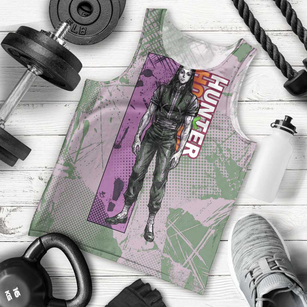 Alluka Zoldyck Theme Purple and Green Paint Splatter Design Men Tank Top with Nen Ability Artwork and Character Card Style - The Mazicc