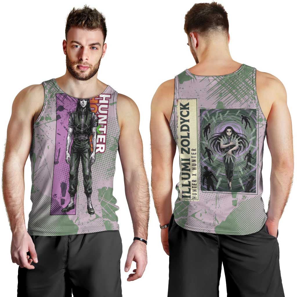 Alluka Zoldyck Theme Purple and Green Paint Splatter Design Men Tank Top with Nen Ability Artwork and Character Card Style - The Mazicc