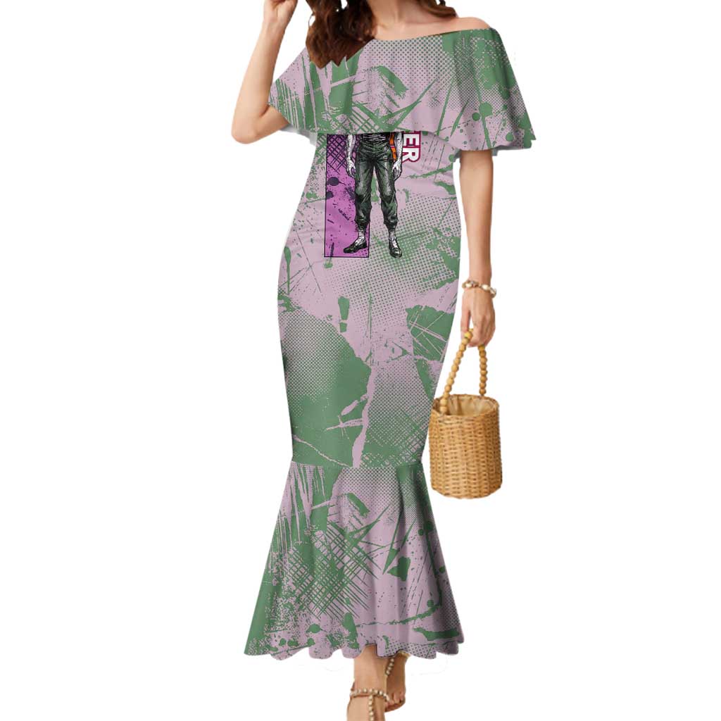 Alluka Zoldyck Theme Purple and Green Paint Splatter Design Mermaid Dress with Nen Ability Artwork and Character Card Style - The Mazicc