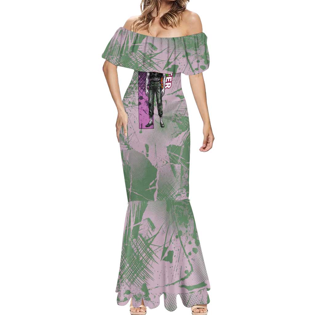 Alluka Zoldyck Theme Purple and Green Paint Splatter Design Mermaid Dress with Nen Ability Artwork and Character Card Style - The Mazicc